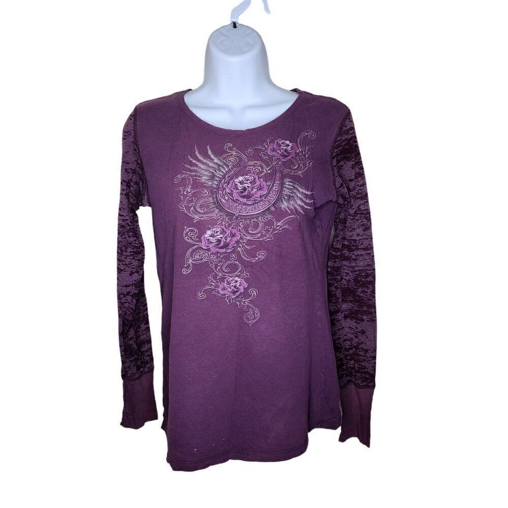 Vintage Y2K Cowgirl Up Long Sleeve Burnout TShirt Roses Womens Size M Purple